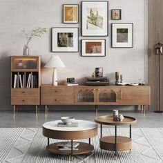 a living room scene with focus on the sideboard and bookshelf against the wall