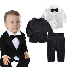 Trendy baby tuxedo suit 4 pcs outfit for newborn, infant & toddler boys. Long sleeve folded collar button dress shirt with button cuffs perfect for wedding and party. Matching ribbon bow tie with adjustable straps. Elastic pants in solid color fitting various different sizes. Matching tuxedo jacket for a perfect elegant look. Two button closure with functional pockets to carry your toys with you. Made from softest cotton against delicate skin. Clothing is for hand wash only. More sizes are avail Baby Tuxedo, Toddler Jacket, Autumn Clothes, Boys Romper, New Baby Boys, Boys Set, Baby Set, Baby Boy Fashion