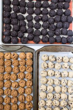 three pans filled with cookies and chocolate chip cookies