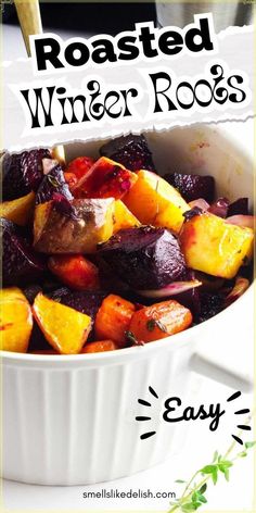 roasted winter root recipe in a white bowl