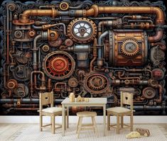 a room with a table and two chairs in front of a wall that has various types of machinery on it