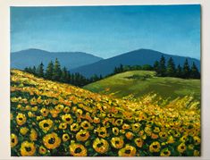 a painting of sunflowers on a hillside with mountains in the background