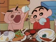 two cartoon characters sitting at a table with food on it and one has his mouth open