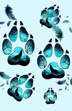 an animal's paw print with blue and black feathers in the shape of wolf tracks