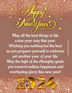 a happy new year card with gold lettering on a pink background and stars in the sky