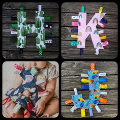 four different types of crafts made from scraps and construction paper on wooden boards, including letters