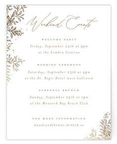 a white and gold wedding card with the words welcome guests in gold foil on it