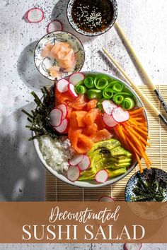 Sushi salad in a white bowl with extra bowl of ginger, salad dressing and nori strips. Deconstructed Sushi Bowl, Japanese Sushi Rice, Cucumber Ribbons, Smoked Salmon Cucumber, Smoked Salmon Sushi, Deconstructed Sushi, Exciting Salads, Soy Sauce Rice, Salmon Cucumber