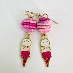 Ice Cream Cone Earrings // Pink and Gold Earrings // Enamel Charm Earrings // Dangle Earrings // Fabric Bead Earrings // Unique Jewelry Gift Adorable enamel ice cream cone 🍦 charms in shades of pink with a few golden sparkling stars ✨ sprinkled throughout, topped with a fabric bead that is the perfect representation of a swirl of soft serve. 💖 Cute Pink Metal Earrings, Pink Enamel Jewelry With Matching Earrings, Nickel Free Pink Drop Clip-on Earrings, Novelty Pink Enamel Jewelry, Pink Earrings With Dangling Charms, Nickel-free Pink Drop Clip-on Earrings, Pink And Gold Earrings, Pink Nickel-free Drop Clip-on Earrings, Artistic Pink Dangle Jewelry