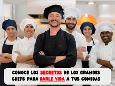 a group of chefs standing in front of a sign that says concee los secretos de los grandes chef's parade via tus comidas