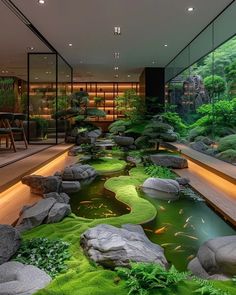 a room filled with lots of green plants next to a pond and some rocks on the ground