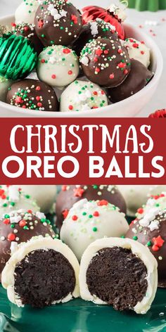 christmas oreo balls with chocolate frosting and sprinkles in a bowl