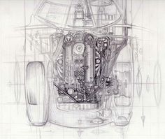 a drawing of a car engine in perspective