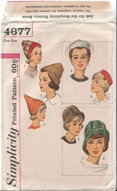 Simplicity 4677 sewing pattern for women's hats in three styles with variations, from 1962. The pixie cap can be tucked or pinned; the cloche or peach basket hat has brim variations; and the pillbox hat has a decorative tab or button with veil. So cute! Pattern is one size. Styles use between 1/2 and 5/8 of a yard of fabric, perfect for fabulous remnants in your stash. Suggested fabric types are cottons, broadcloth, corduroy, satin, faux suede, velveteen, linens, silks, faille, wool, fake fur, novelty wool, flannel--seems like just about anything would work. This original 1962 pattern is uncut and factory folded. The envelope is only slightly shopworn; it's in great condition. It comes to you in a protective acetate sleeve.  I check each pattern carefully to be sure it's as described, but Pillbox Hat Pattern, Fur Hat Pattern, Basket Hat, Peach Basket, Pillbox Hat, Wool Flannel, Fake Fur, Fur Hat, Women's Hats