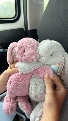 a person holding two stuffed animals in their hands on the back seat of a car