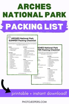 the national park packing list is shown in purple and green with an arrow pointing to it