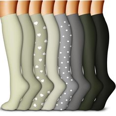 six pairs of women's knee high socks with white hearts on them, all in different colors