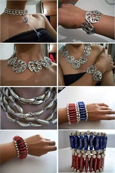 many different types of bracelets are shown in this collage, including red white and blue