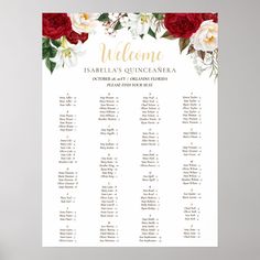 a wedding seating chart with red and white flowers