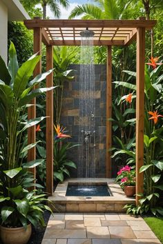 Tropical Spa Design, Japandi Pool Design, Tropical Pergola Ideas, Tropical Garden Landscaping, Secret Garden Pool, Resort Decoration Ideas, Tropical Pool Design, Hawaii Backyard, Modern Tropical Villa