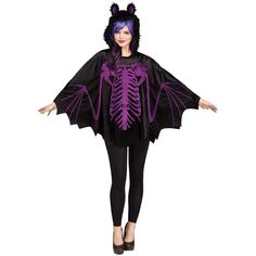 Oneofthebestquickiecostumesyoucanbuy!Ponchowithbat-stylemotif,scoop-cutonhem,purplebatskeletondesignonthefront,fuzzyhoodthatshowsyourfacewithbatearsontopofhead.Perfectforhalloweenorjustsomethingtoweartokeepyouwarmwhenyou'recold.Onesizefitsmostadultwomenfromsizes4-14.Glitterprintbatskeletononfront.SpecificationsGender:WomensSize:4to14FitSize:OneSizeFitMostAgeGroup&# Bat Halloween Costume, Bug Costume, Bat Ears, Bat Skeleton, Bat Costume, Black Poncho, Skeleton Design, Large Hats, Easy Costumes