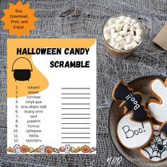 a halloween candy scramble is shown on a plate with marshmallows and candies