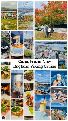 canada and new england viking cruise is featured in this collage with images of people, boats, trees, and water