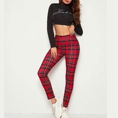 Comfortable Red Plaid Pants Size Guide Located In Picture Gallery Trendy Non-stretch Red Leggings, Trendy Red Non-stretch Leggings, Trendy Stretch Red Bottoms, High Waist Red Non-stretch Bottoms, Fitted Red Bottoms For Winter, Red Stretch Casual Bottoms, Red Stretch Pants For Fall, Red Stretch Leggings For Fall, Mid-rise Red Pants For Fall