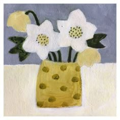 a painting of white flowers in a yellow vase