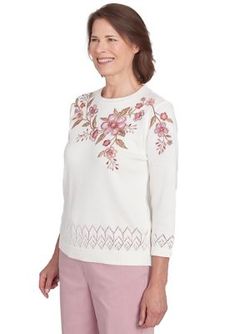 Picture yourself in this beautifully designed woven floral embroidered top. This lightweight top is perfect for the unexpected changes of fall and has been designed with a ribbed crew neckline, a knit design along the bottom and sleeves, and includes some cotton material for added softness. | Alfred Dunner Women's Petite Telluride Pointelle Border Floral Yoke Cotton/Acrylic Top, PS Floral Embroidered Top, Alfred Dunner, Lightweight Tops, The Unexpected, Petite Outfits, Embroidered Top, Knitting Designs, Crew Neckline, Cotton Material