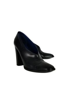 Current Boutique-Celine - Black Slip On Heels Sz 9 Slip-on Round Toe Heels For Office, Modern Slip-on Heels With Square Toe, Slip-on Heels With Round Toe For Office, Office Heels With Round Toe And Slip-on Fit, Office Heels With Slip-on Fit And Round Toe, Square Toe Court Shoes With Contrasting Heel For Office, Business Slip-on Heels With Pointed Toe, Square Toe Court Shoes With Contrasting Heel For Work, Modern 4-inch Heel Court Shoes For Business