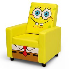 a yellow chair with a cartoon character on it's arm and legs, sitting in front of a white background