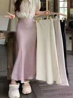 Lasaky - Champagne Satin Mermaid Midi Skirt with Bodycon Fit in Solid Color Champagne Midi Dress, Mermaid Midi Skirt, Color Block Skirt, Flounce Skirt, Fishtail Dress, Dress Stretch, Denim Chic, Pleated Maxi Skirt, Fish Tail