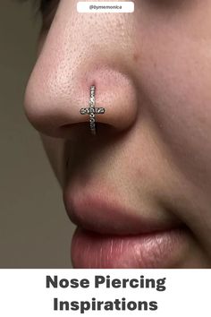 the nose piercing instructions are displayed in front of a woman's face with her nose pierced