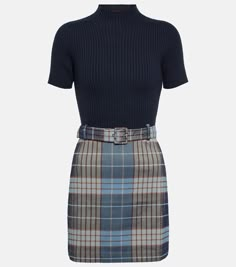 Patsy ribbed-knit checked minidress in multicoloured - Staud | Mytheresa Jacquemus Dress, Mcqueen Dress, Victoria Beckham Dress, Mixed Media Dress, Designer Evening Gowns, Mock Neck Top, French Blue, Fall Skirts, Plaid Skirt