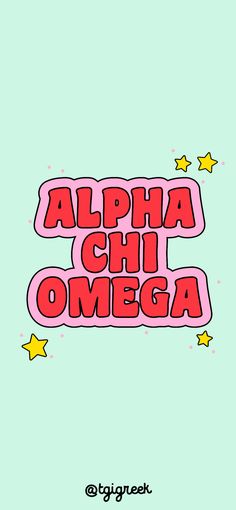 the words alpha chi omega are in red and yellow stars on a green background