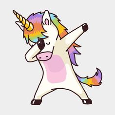 a cartoon unicorn with a rainbow mane standing on its hind legs and arms up in the air