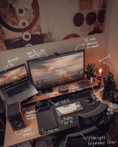 a desk with two laptops and a desktop computer on it, all labeled in different languages