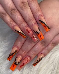 Marble French Nails, Orange Halloween Nails, Orange Acrylic Nails, Nails Marble, Retro Nails, Hippie Nails, Nails Salon