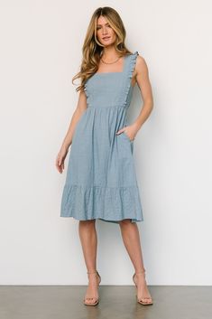 Gretta Ruffle Midi Dress | Dusty Blue - Baltic Born June Dress, Dusty Blue Color, Blue Cotton Dress, Velvet Wrap Dress, Green Lace Dresses, Tiered Midi Skirt, Midi Dress Formal, Baltic Born, Midi Sundress