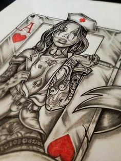 a drawing of a woman holding a playing card