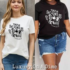 Spring Skull Print Short Sleeve T-shirt, Spring Short Sleeve T-shirt With Skull Print, Punk Skull Print T-shirt For Summer, Black Skull Print T-shirt For Spring, Spring Black T-shirt With Skull Print, Casual Spring T-shirt With Skull Print, Spring Skull Print Graphic Tee, Trendy Skull Shaped Tops For Fall, Fitted Trendy T-shirt With Skull Print