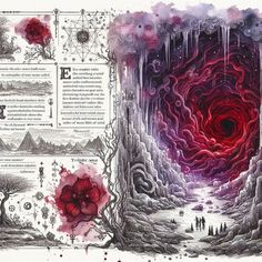 an open book with red and purple designs on the pages, surrounded by other illustrations