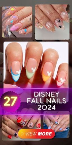 Disney Nail Colors, Disney October Nails, Acrylic Nails Disney Designs, Simple Disney Nails Short Gel, Simple Nails For Disney, Disney Fall Nails Design, Fall Mickey Nails, Chrome Disney Nails, Disney French Tip Nails