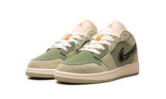 The Air Jordan 1 Low Craft SE GS "Light Olive" is the youth sizing of the casual sneaker with a military-inspired vibe.  The Jordan 1 Low Craft SE modifies the retro basketball shoe’s design with an inside-out aesthetic.  More specifically, the upper is complete with raised Light Olive leather on the perforated toe and mid-panel.  The overlays are designed in a slightly lighter shade of olive green suede.  Black Swooshes appear on the side panels with exposed stitching.  Exposed foam padding pee Olive Shoes, Retro Basketball Shoes, Retro Basketball, Stadium Goods, Air Jordan 1 Low, Jordan 1 Low, Kids Jordans, Swag Shoes, Green Suede