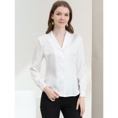 Complete your chic style with this satin button-up shirt. This satin button-up shirt features button cuffs and a notch collar perfectly. Pair it with jeans and work pants for your casual chic look. To create an elegant image with a classic design. Look smart and classic in this shirt finished with solid color fabric. With shiny and smooth fabric, this satin shirt makes you look elegant and romantic. Elegant V-neck Shirt With Back Button Closure, Single Breasted Button-up Blouse For Work, Formal V-neck Shirt With Button Closure, Workwear Lapel Collar Single Breasted Blouse, Workwear Blouse With Single Breasted Lapel Collar, Elegant Single-breasted Button-up Top, Elegant Single Breasted Button-up Top, Elegant Single-breasted Formal Tops, Office Slim Fit Blouse With Buttons