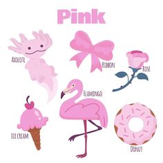 a pink poster with flamingos, ice cream and donuts