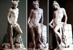 three pictures of statues of men with hats and suitcases on their heads, one in the process of recreating