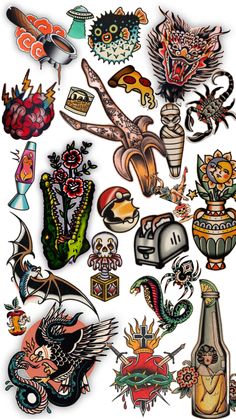 an assortment of tattoo designs on a white background with lots of different things in it