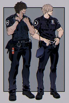 two police officers standing next to each other in front of a gray background and one is holding his hand on his chest